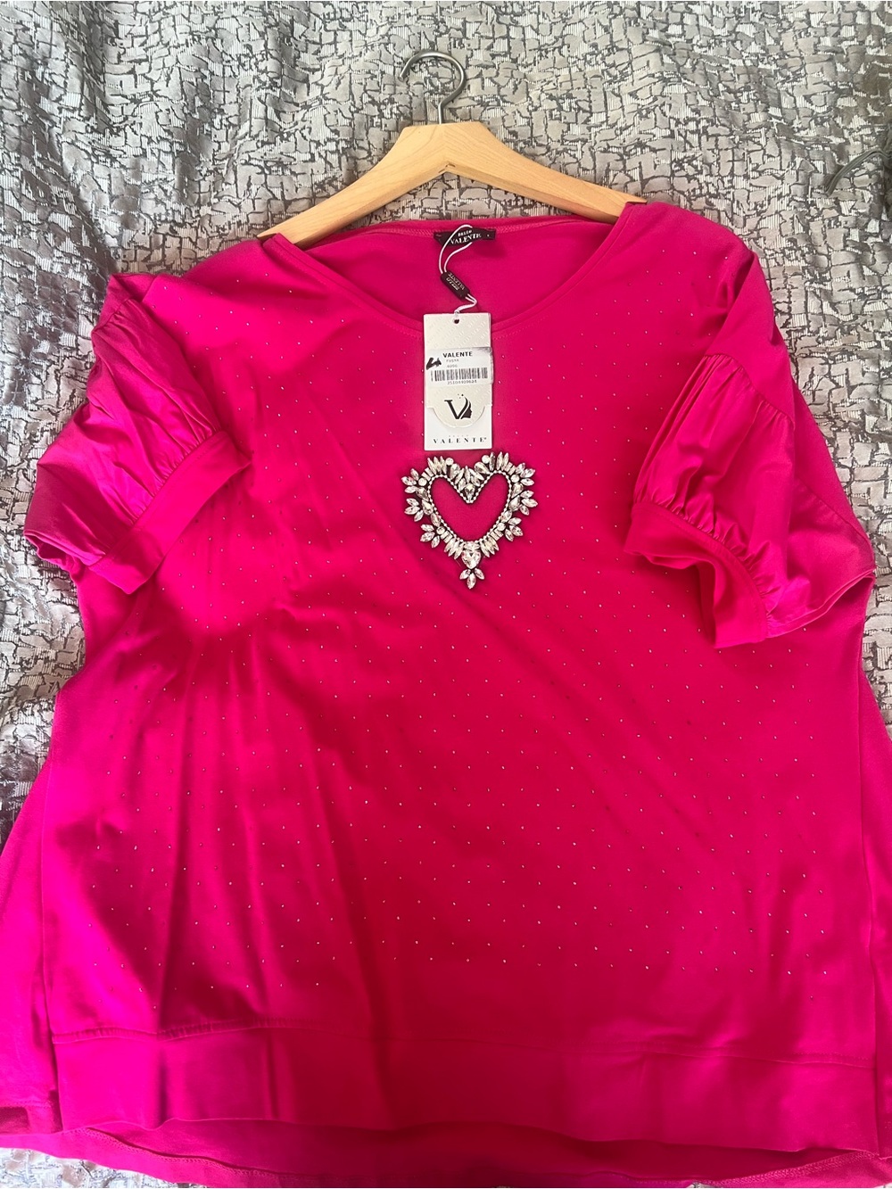 Fuchsia Rhinestone Heart Embellished Women's Top Size L